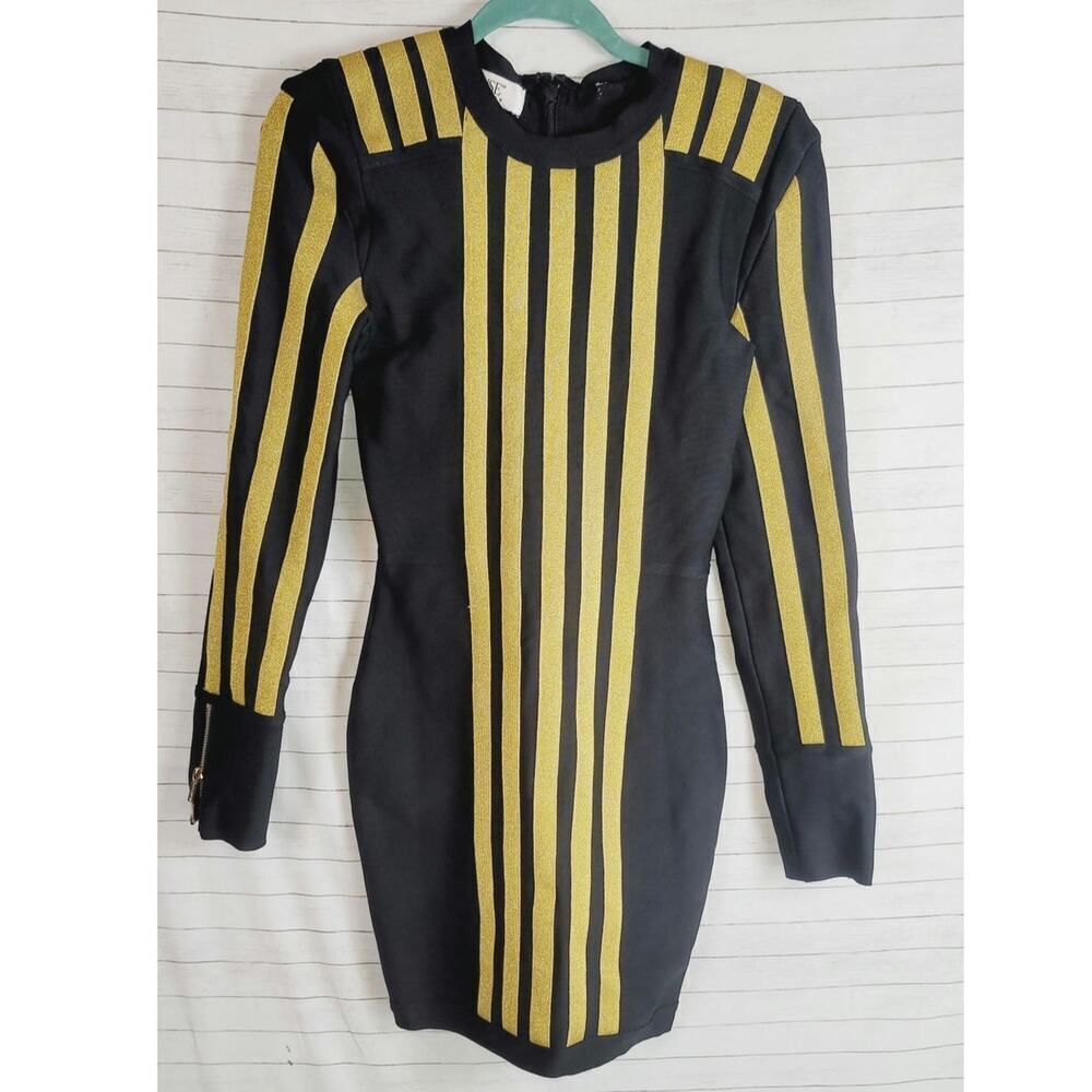 House of CB Balthazar Bandage Bodycon Mini Dress in Blk/Gold Metallic, sz Medium